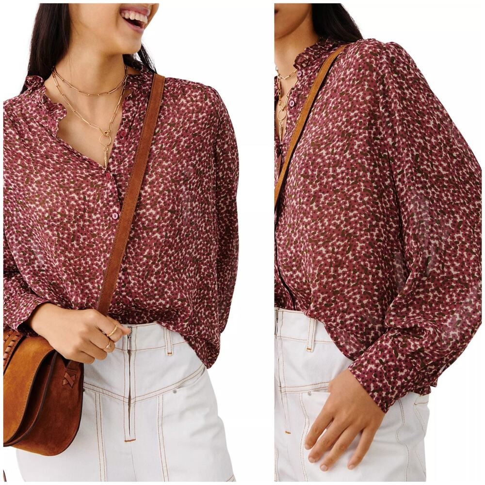 Ba&sh $245 Pabi Printed Button Front Shirt Ruffle collar XS